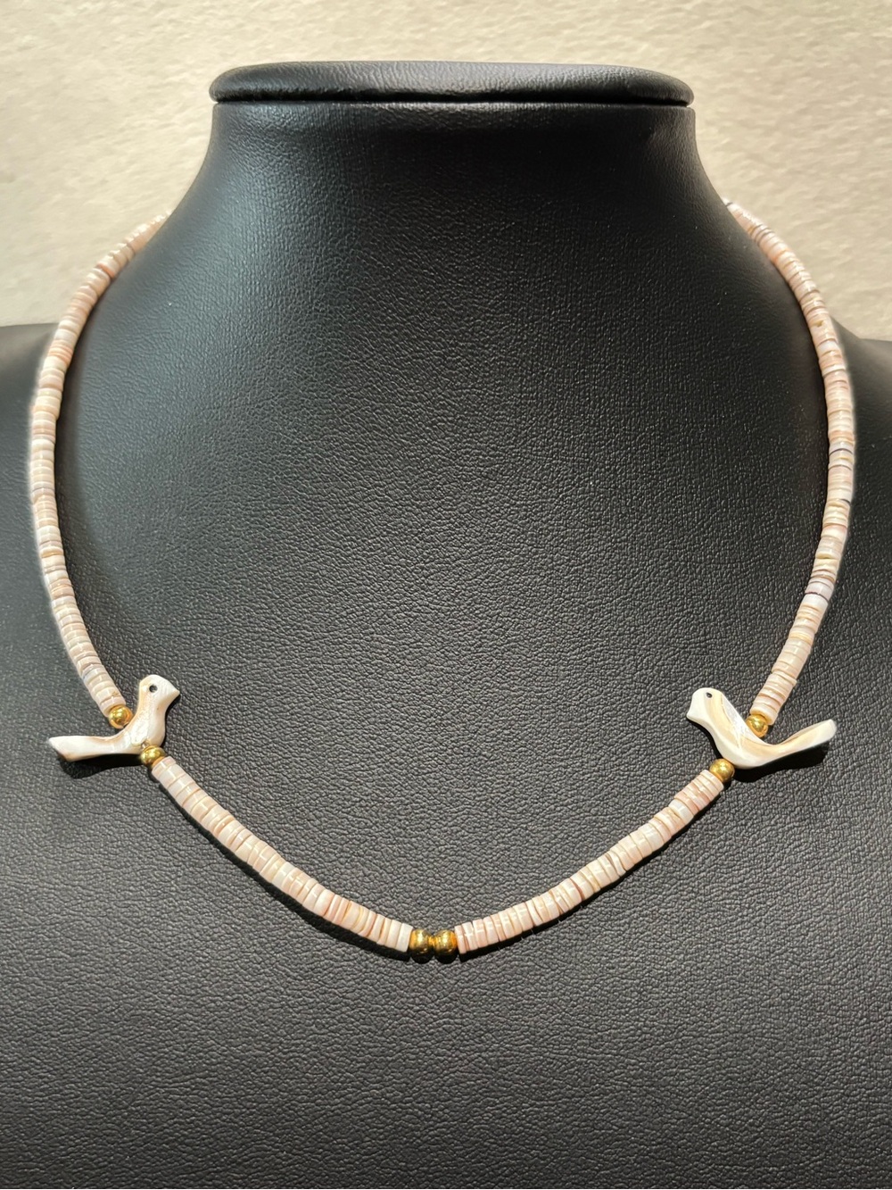 Handmade Shell Heishi Bird Choker Necklace Coastal Boho Beach Artisan 14”